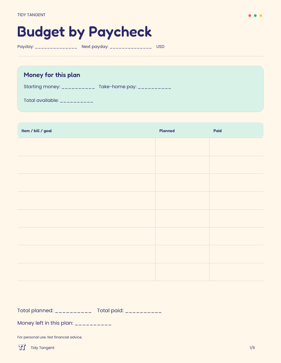 Actual Budget by Paycheck plan page