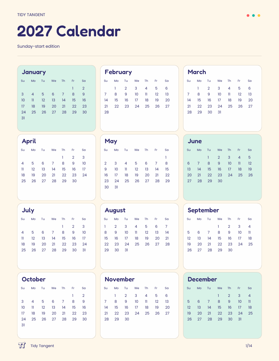 Actual 2027 Calendar year-at-a-glance page
