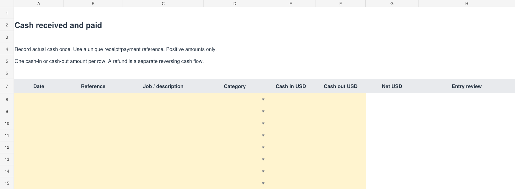 Actual Service Cashbook worksheet preview